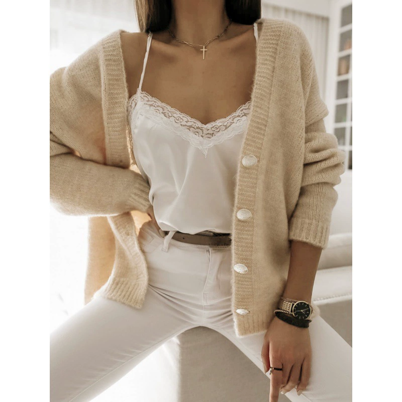 Women’s Cardigan – Wool Knit – Oversized Fit – V-Neck – Button Front – Ribbed Hem