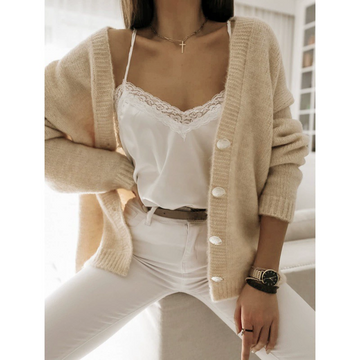 Women’s Cardigan – Wool Knit – Oversized Fit – V-Neck – Button Front – Ribbed Hem