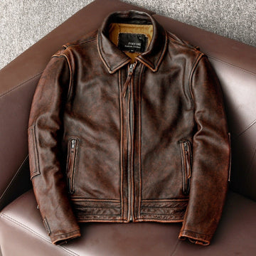 Men’s Leather Jacket – Regular Fit – Distressed Finish – Quilted Shoulders – Zipper Closure