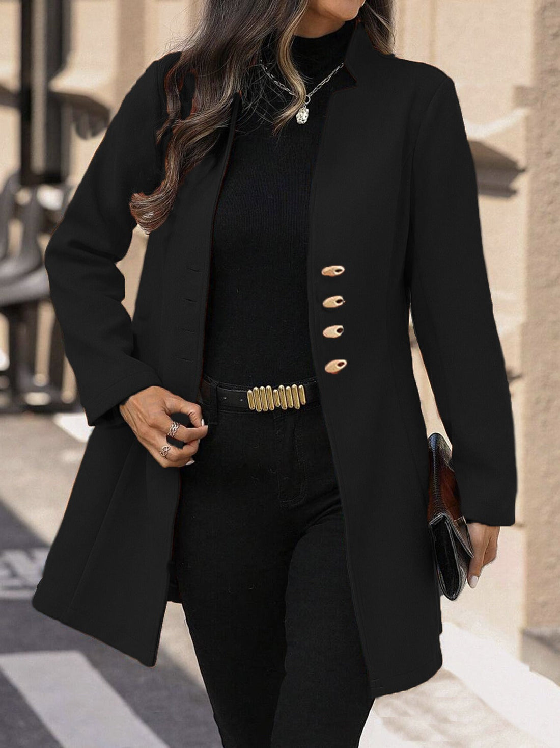Women’s Mid-Length Coat – Slim Fit – Wool Blend – Classic Lapel – Button Front
