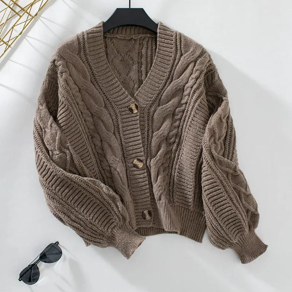 Women’s Cardigan Sweater – Wool Knit – Cable Knit – V-Neck – Button Front – Relaxed Fit