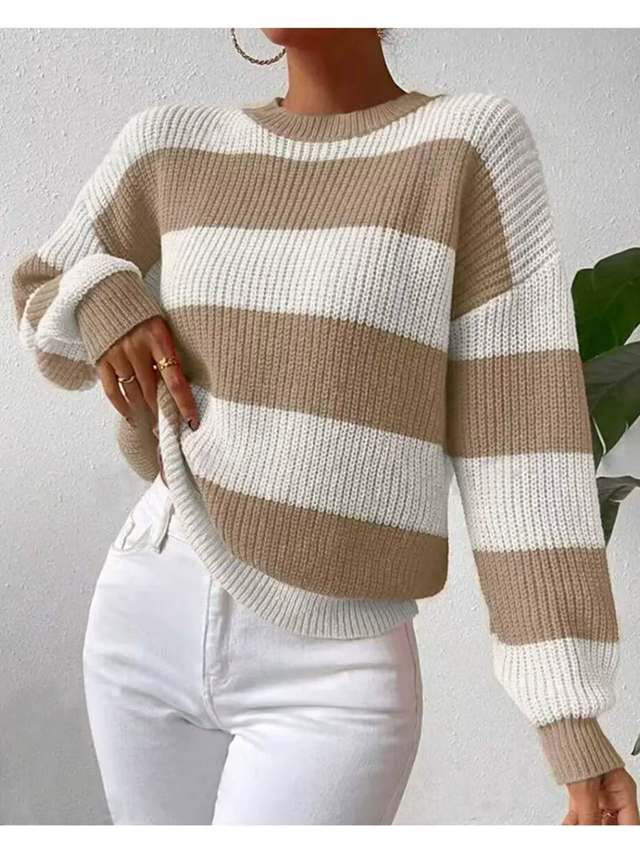 Women’s Sweatshirt – Ribbed Knit – Loose Fit – Balloon Sleeves – Medium Length Casual Wear