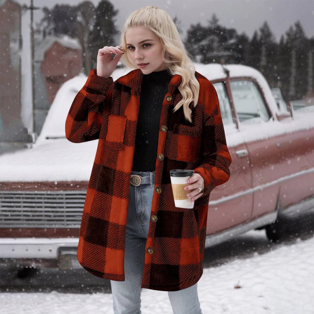 Women’s Cardigan – Oversized Relaxed Fit – Fuzzy Plaid – Button Down – Mid-Length