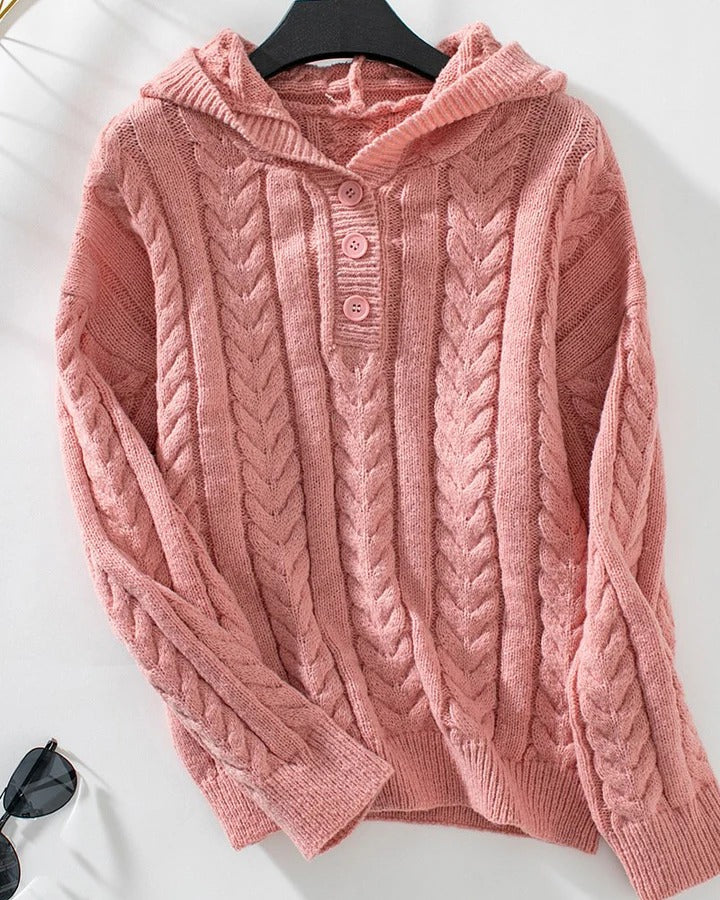 Women’s Knitted Top – Cable Knit Texture – Relaxed Fit – Henley Neck – Long Sleeve