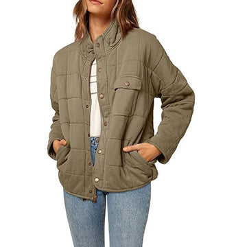 Women’s Quilted Jacket – Loose Fit – Stand Collar – Button Front – Side Pockets