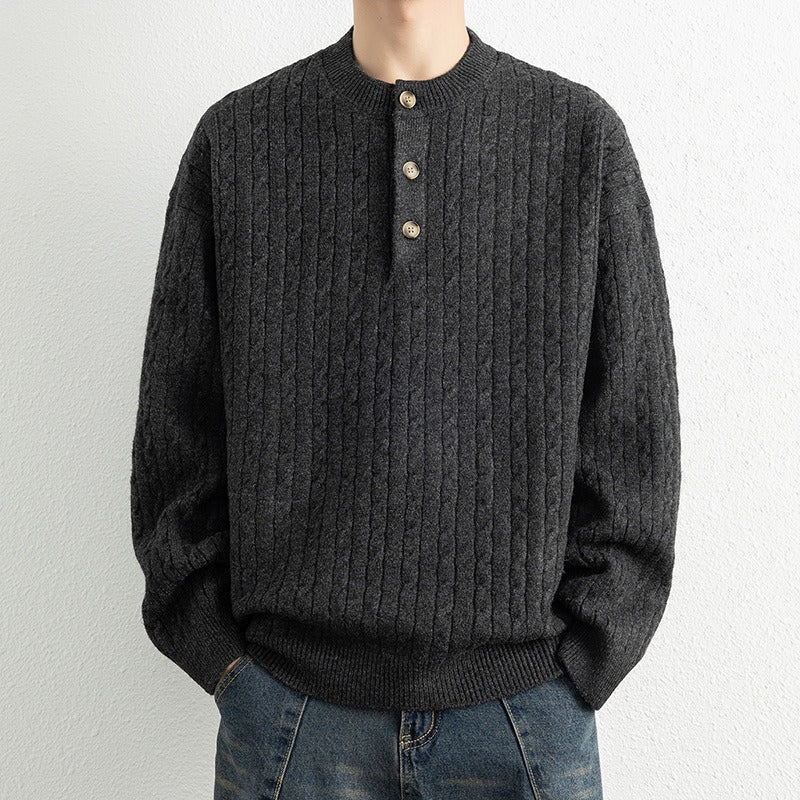 Men’s Pullover Sweatshirt – Relaxed Fit – Wool Blend Knit – Henley Neck – Ribbed Trim