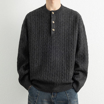Men’s Pullover Sweatshirt – Relaxed Fit – Wool Blend Knit – Henley Neck – Ribbed Trim