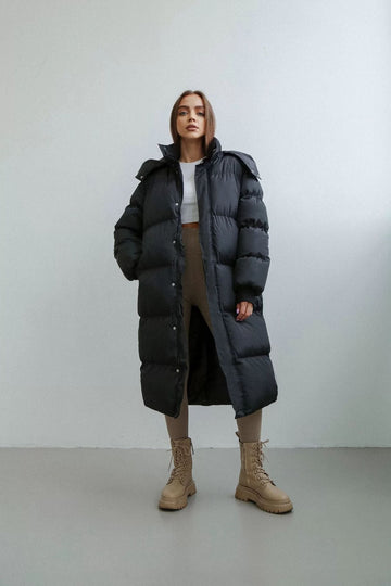 Women’s Long Puffer Trench Coat – Oversized Fit – Quilted Hooded – Full Zip Closure