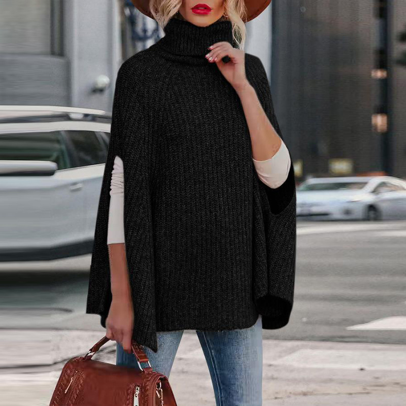 Women’s Sweater Cape – Loose Fit – Knit Wool Blend – High Neck – Arm Slits