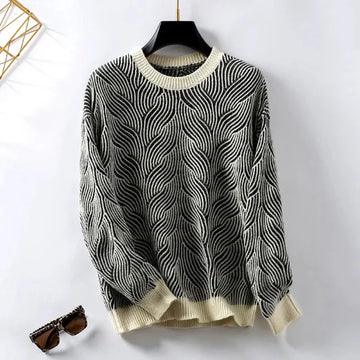 Women’s Pullover Sweater – Wool Knit – Loose Fit – Round Neck – Striped Design