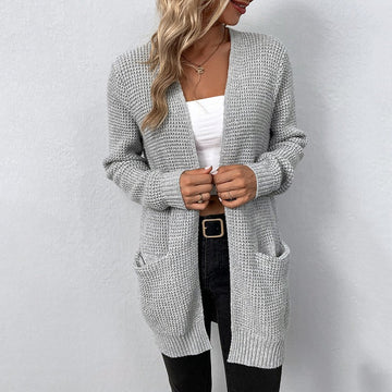 Women’s Long Sleeve Cardigan – Waffle Knit – Relaxed Fit – Open Front with Pockets