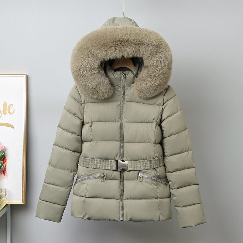 Women’s Puffer Coat – Quilted Insulated – Belted Waist – Removable Fur Hood