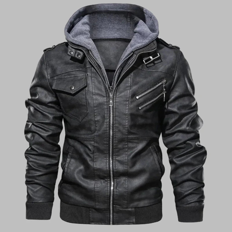 Men’s Leather Jacket – Structured Fit – Detachable Hood – Stand Collar – Zipper Closure