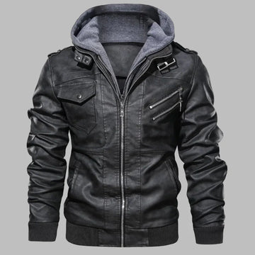Men’s Leather Jacket – Structured Fit – Detachable Hood – Stand Collar – Zipper Closure