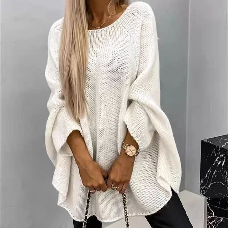 Women’s Knit Top – Oversized Relaxed Fit – Chunky Texture – Batwing Sleeves – Crew Neck