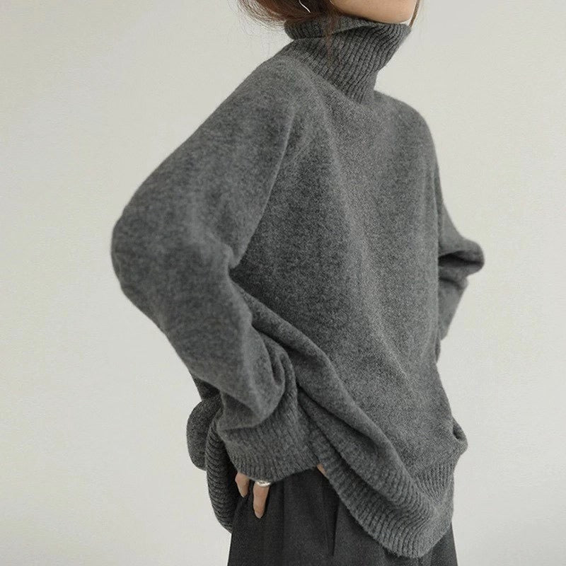 Women’s Turtleneck Sweatshirt – Oversized Relaxed Fit – Knit Fabric – Drawstring Hem