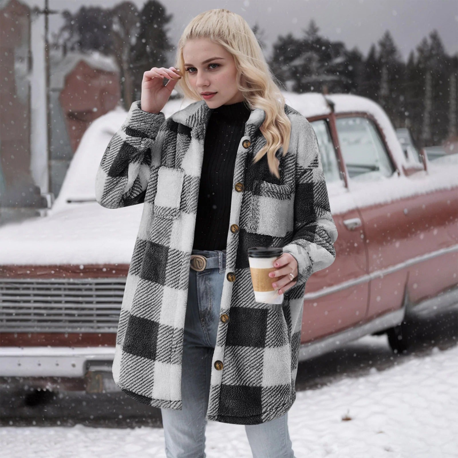 Women’s Cardigan – Oversized Relaxed Fit – Fuzzy Plaid – Button Down – Mid-Length