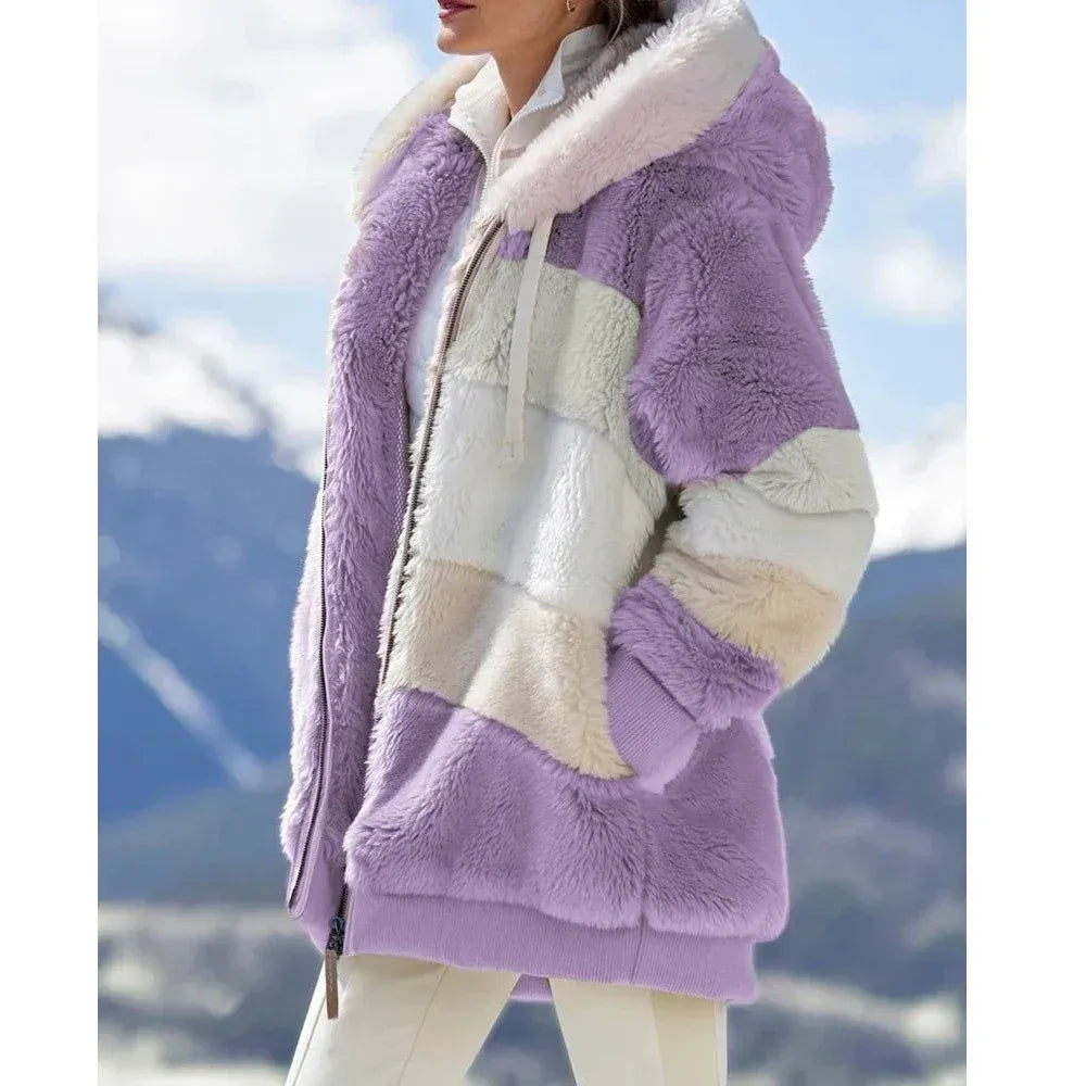 Women’s Fleece Jacket – Oversized Fit – Plush Teddy Texture – Hooded Zip Front