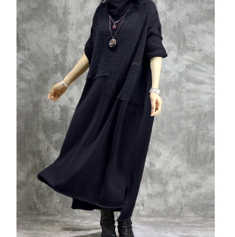 Women’s Long Sleeve Dress – Wool Knit – High Collar – Relaxed Fit – Full Length