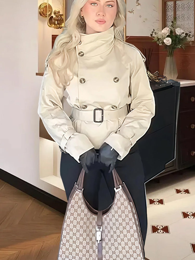 Women’s Coat – Tailored Fit – Wool Blend – Stand Collar – Double Breasted – Belted Waist