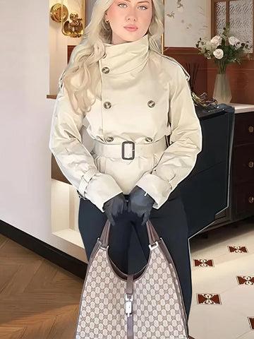 Women’s Coat – Tailored Fit – Wool Blend – Stand Collar – Double Breasted – Belted Waist