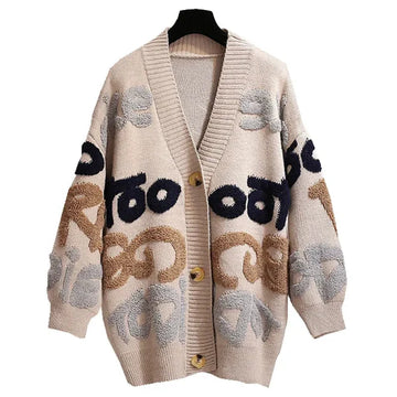 Women’s Knit Cardigan – Oversized Fit – Wool Blend – Button Front – Letter Pattern