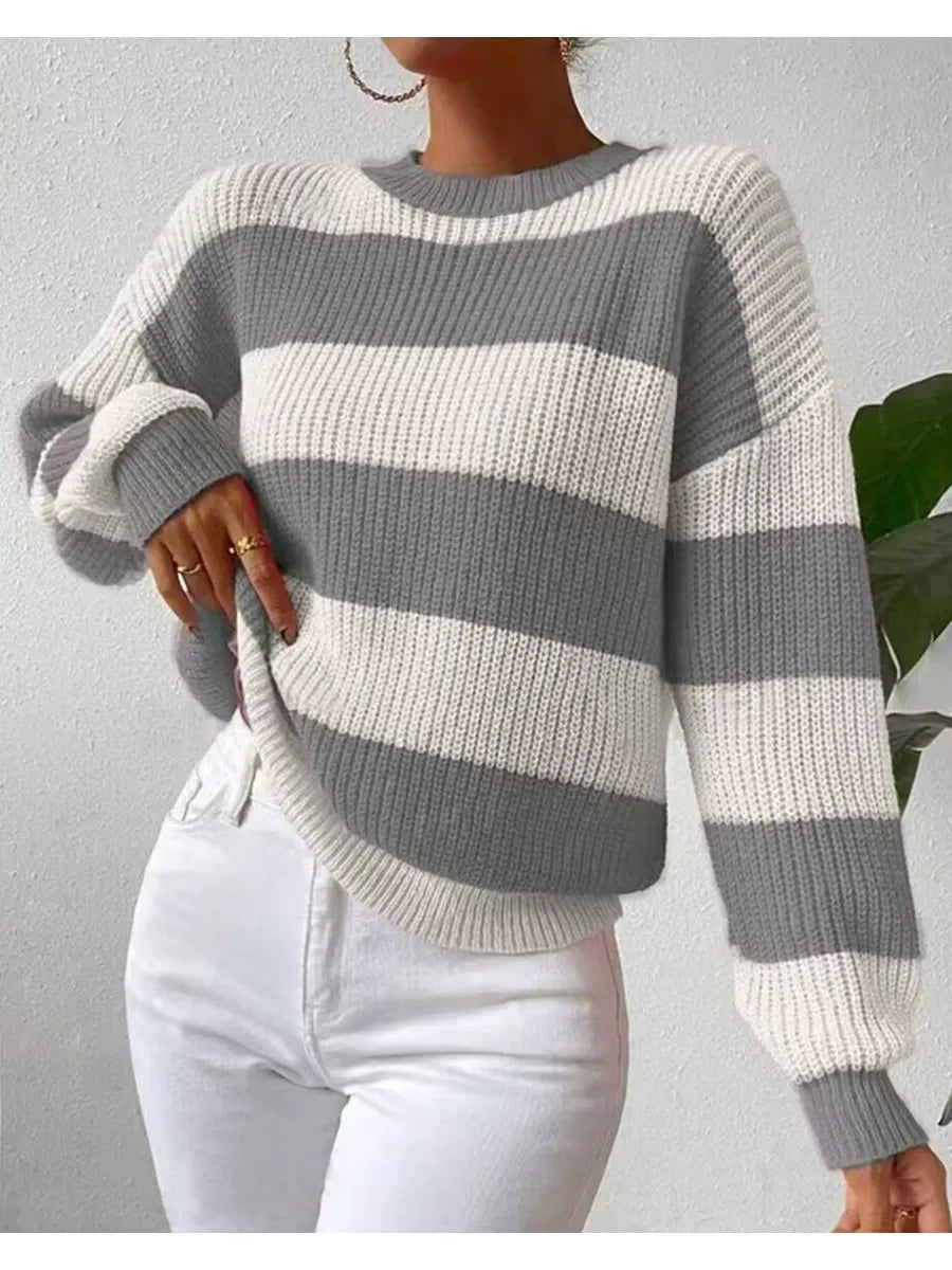 Women’s Sweatshirt – Ribbed Knit – Loose Fit – Balloon Sleeves – Medium Length Casual Wear