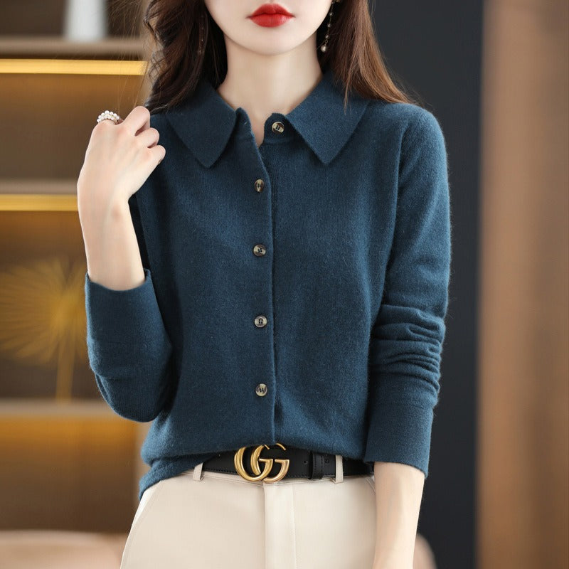 Women’s Cardigan Sweater – Wool Blend – Relaxed Fit – Polo Collar – Button Front