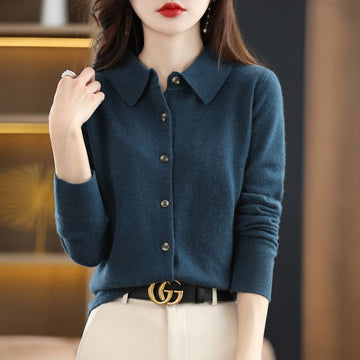 Women’s Cardigan Sweater – Wool Blend – Relaxed Fit – Polo Collar – Button Front