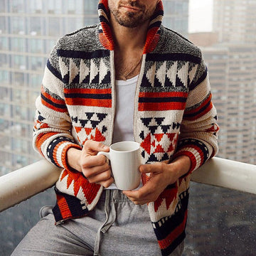 Men’s Cardigan Jacket – Wool Blend Knit – Relaxed Fit – Full Zip – Shawl Collar – Jacquard Pattern