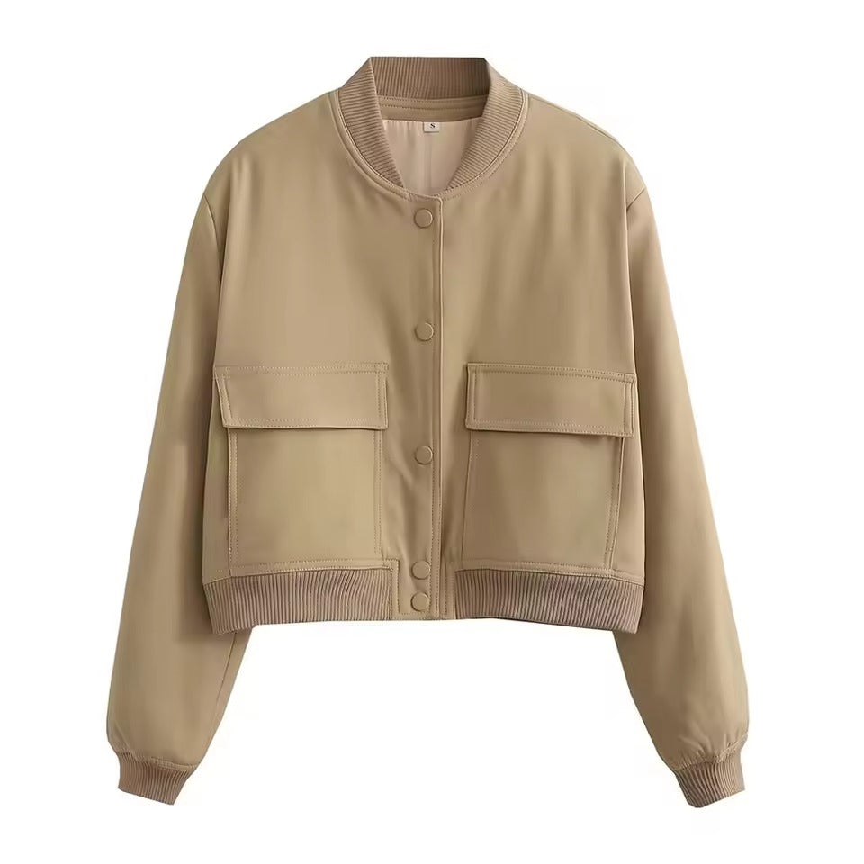 Women’s Bomber Jacket – Relaxed Fit – Button Front – Ribbed Trim – Waist Length Casual Layer