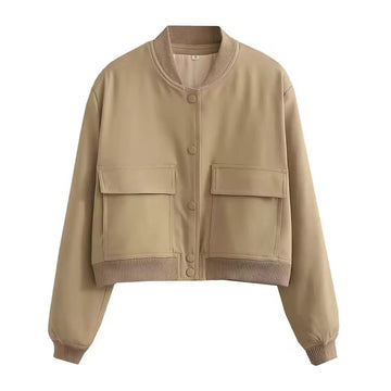 Women’s Bomber Jacket – Relaxed Fit – Button Front – Ribbed Trim – Waist Length Casual Layer