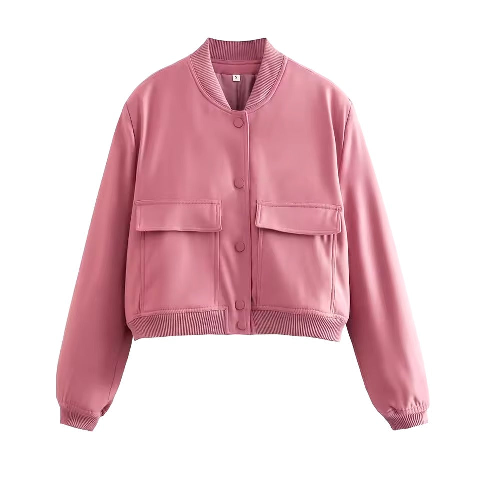 Women’s Bomber Jacket – Relaxed Fit – Button Front – Ribbed Trim – Waist Length Casual Layer