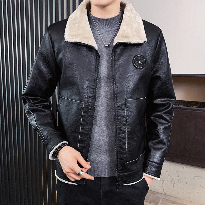 Men’s Faux Leather Jacket – Structured Fit – Shearling Collar & Cuffs – Zipper Closure