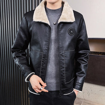 Men’s Faux Leather Jacket – Structured Fit – Shearling Collar & Cuffs – Zipper Closure