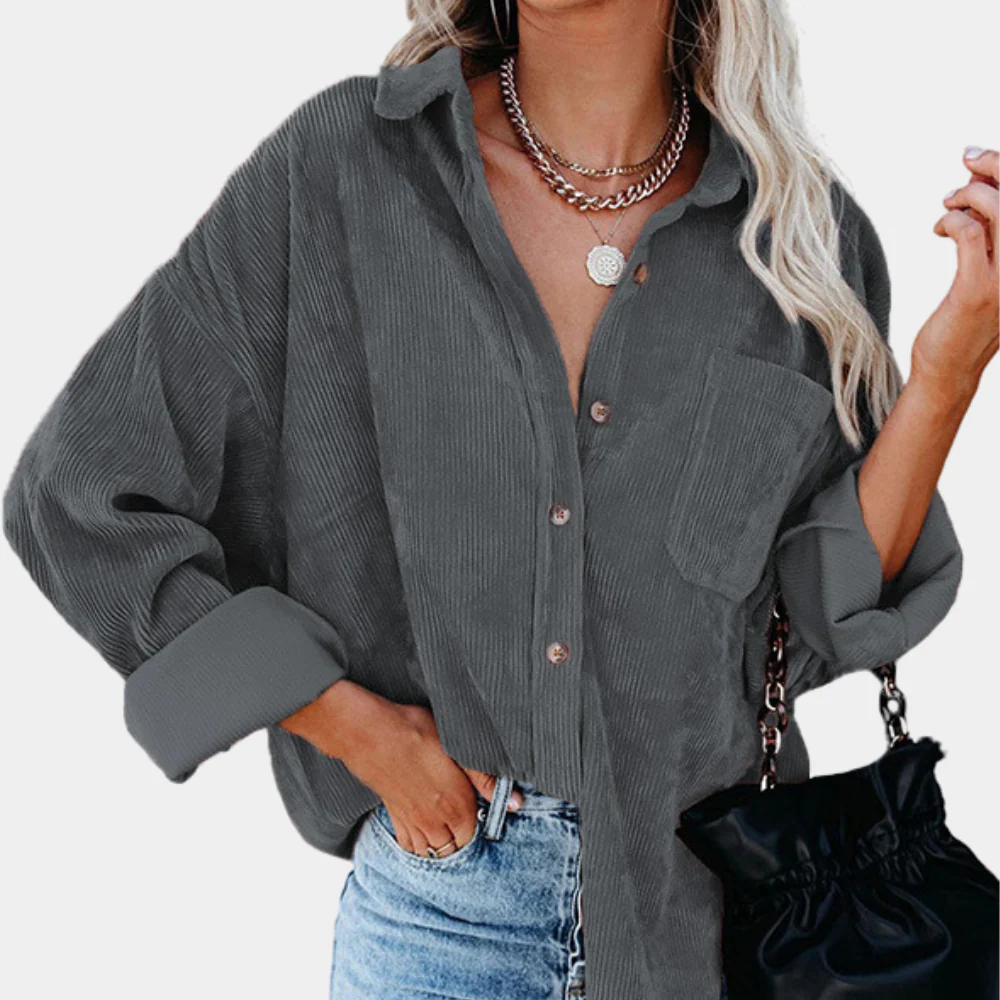 Women’s Corduroy Jacket – Oversized Fit – Button-Up – Ribbed Texture – Hip Length