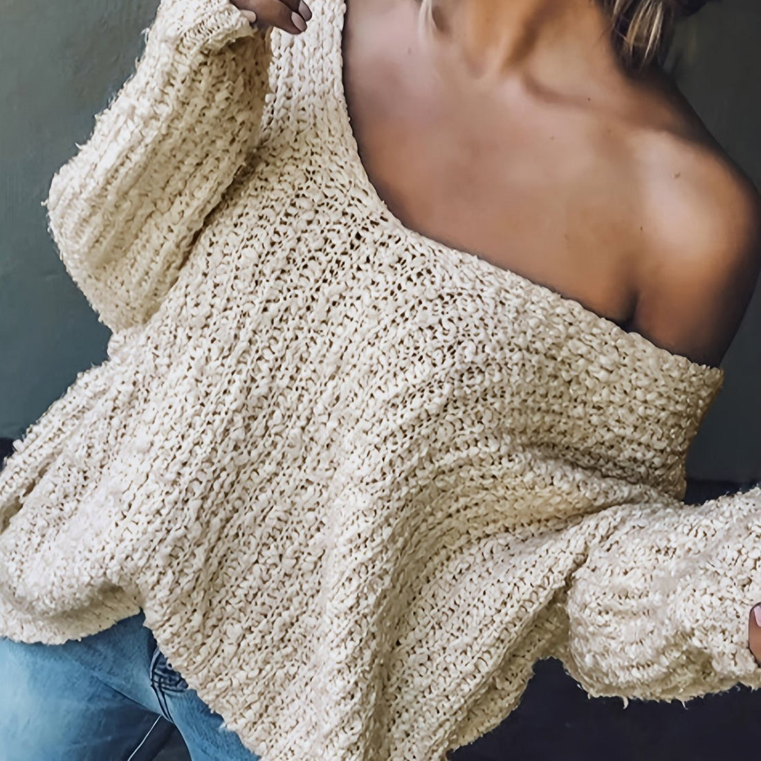 Women’s Sweatshirt – Oversized Fit – Textured Open-Knit – V-Neck Long Sleeve
