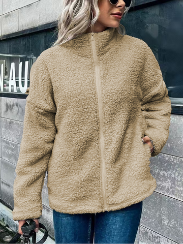 Women’s Fleece Coat – Oversized Fit – Wool Blend – Stand Collar – Zip Front