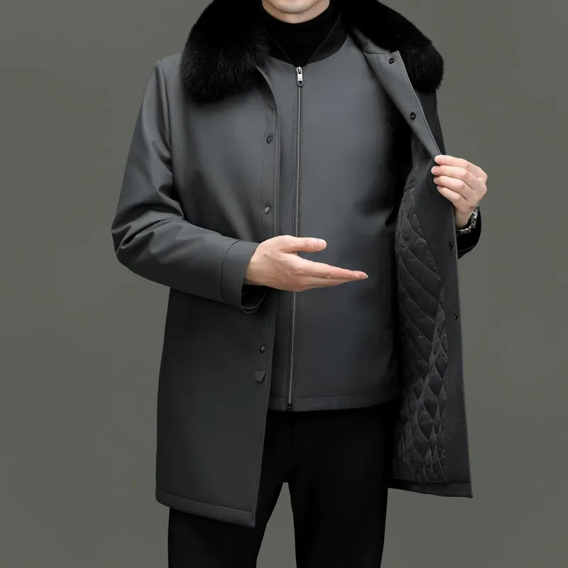 Men’s Down Jacket – Mid-Length Fit – Detachable Faux Fur Collar – Water-Resistant