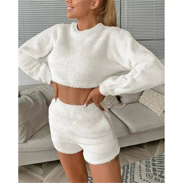 Women’s Two-Piece  Loungewear Set – Plush Fleece – Cropped Long Sleeve Top – High-Waisted Shorts