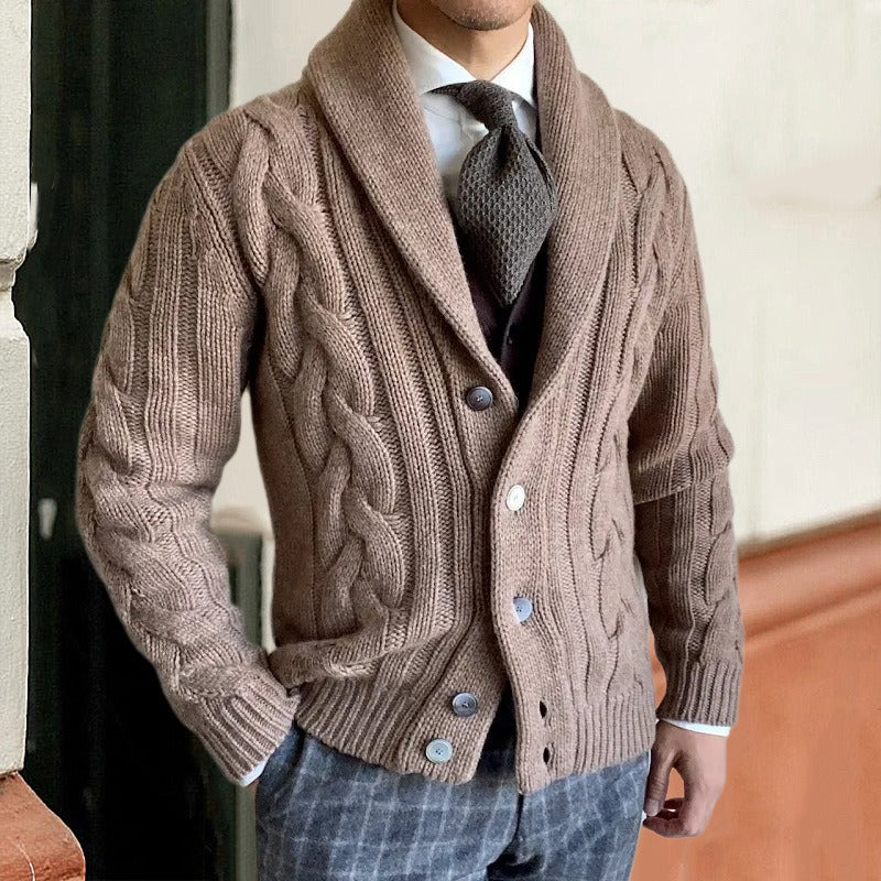 Men’s Cardigan – Cable Knit – Shawl Lapel – Knitted Fabric – Regular Fit – Long Sleeve