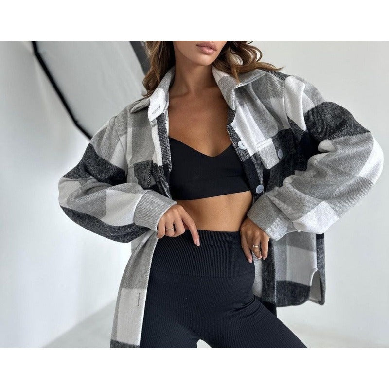 Women’s Jacket – Oversized Relaxed Fit – Soft Wool Feel – Plaid Button-Up with Collar