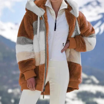 Women’s Hooded Jacket – Oversized Fit – Plush Faux Fur – Zip Front – Ribbed Trim