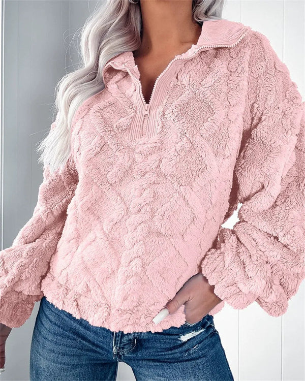 Women’s Pullover Sweatshirt – Oversized Fit – Plush Fleece – Half Zip Stand Collar