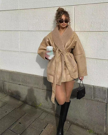 Women’s Trench Coat – Oversized Fit – Plush Texture – Self-Tie Belt – Mid-Thigh Length