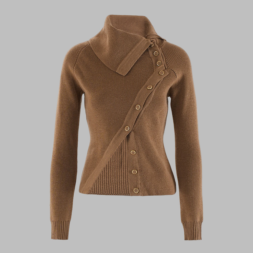 Women’s Knit Top – Slim Fit – Ribbed Texture – Asymmetrical Collar – Button Front