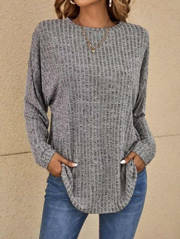 Women’s Long Sleeve Top – Relaxed Fit – Ribbed Knit – Hip Length Casual Wear
