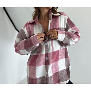 Women’s Jacket – Oversized Relaxed Fit – Soft Wool Feel – Plaid Button-Up with Collar