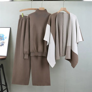 Women’s Knitted Three-Piece Set – Relaxed Fit – Mock Neck – Wide-Leg Pants – Cape Layer