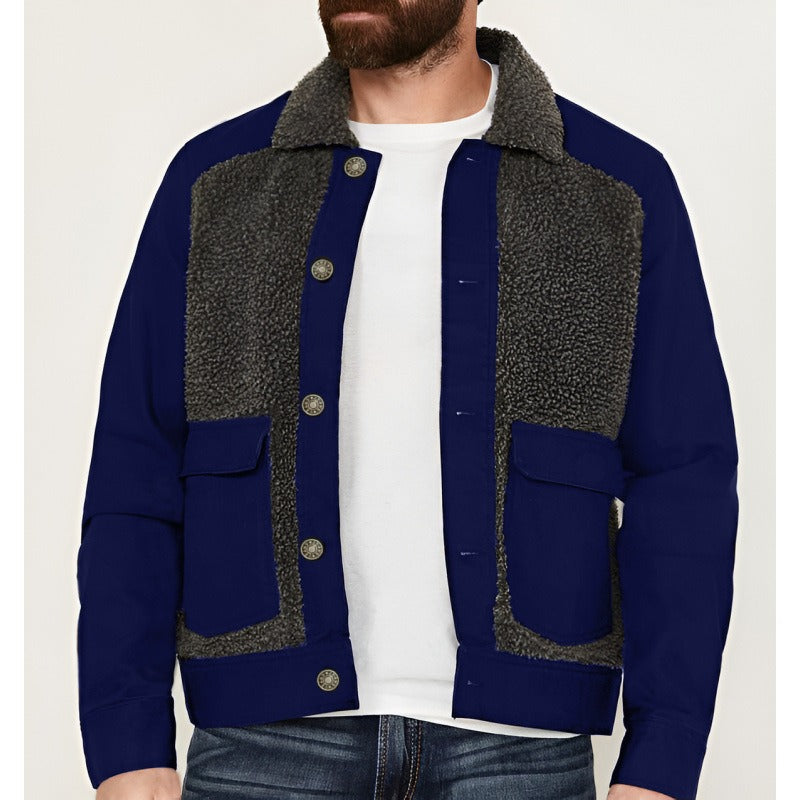 Men’s Jacket – Patchwork Design – Sherpa Collar – Wool Blend – Regular Fit – Waist-Length